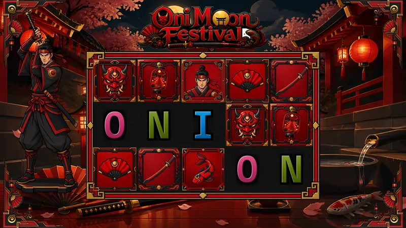 Oni Moon Festival — a complete slot game stage generated from one prompt